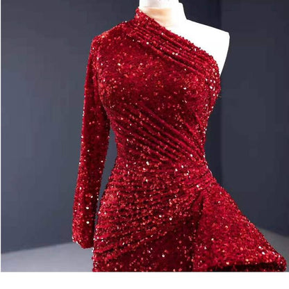 Dubai Luxury One Shoulder Red Evening Dresses 2021 Sequined Sparkle Mermaid Sexy Fromal Dress Serene Hill HM67056