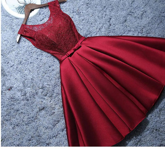 New Short Evening Dress Satin Lace Wine Red Grey A-line Bride Party Formal Dress Homecoming Graduation Dresses Robe De Soiree