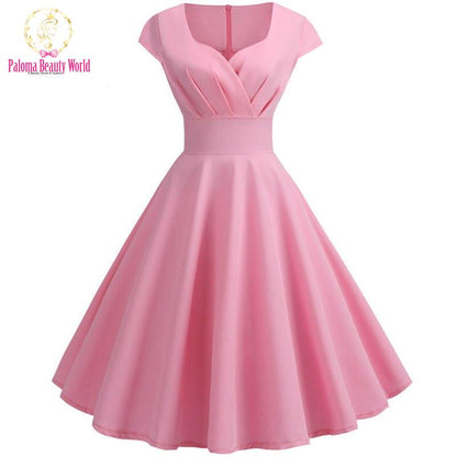 Pink Summer Dress Women V Neck Big Swing Vintage Dress Robe Femme Elegant Retro pin up Party Office Midi Dresses Plus Size