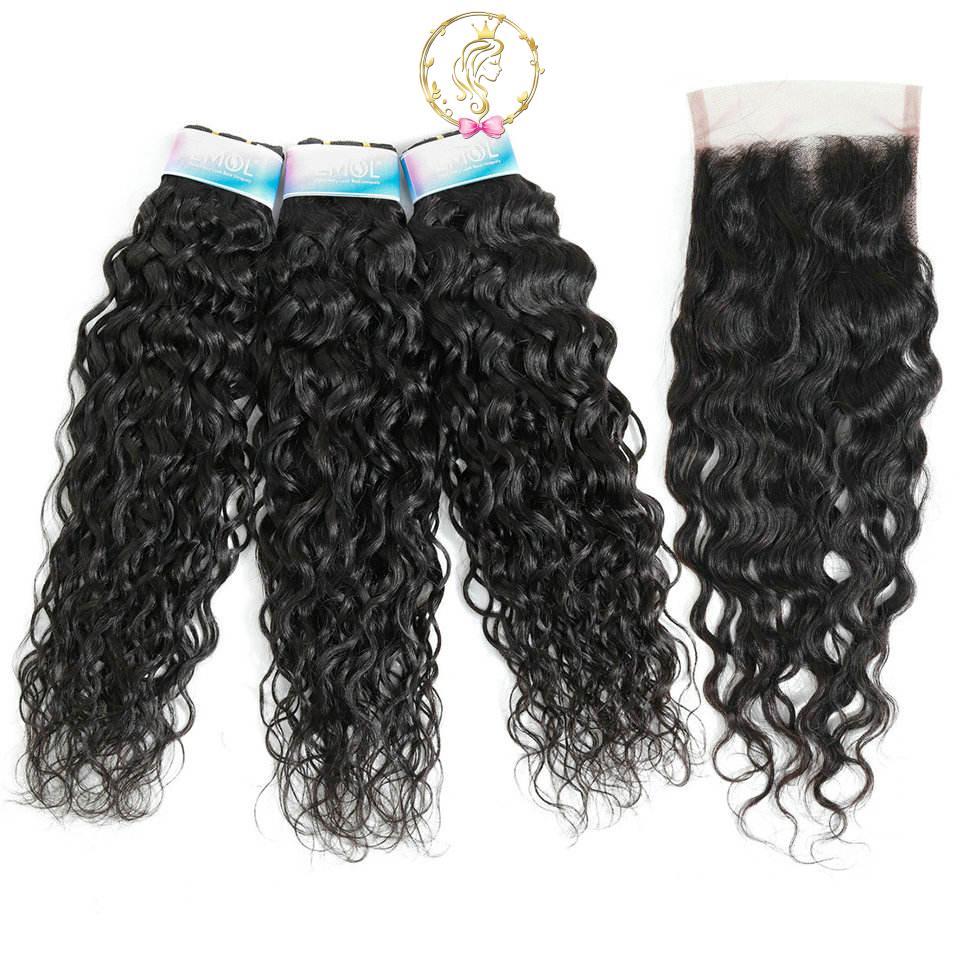 Emol Indian Water Wave Bundle With Closure Hair Bundle with Closure Free Part Non-Remy Human Hair 3/4 Bundle
