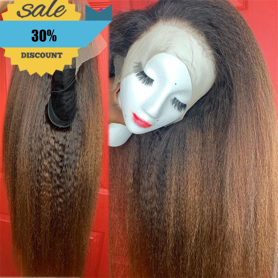 Ombre Kinky Straight Lace Front Human Hair Wigs Coarse Italian Yaki 150% Density 13X6 Lace Front Closure Wig Preplucked 1B/30
