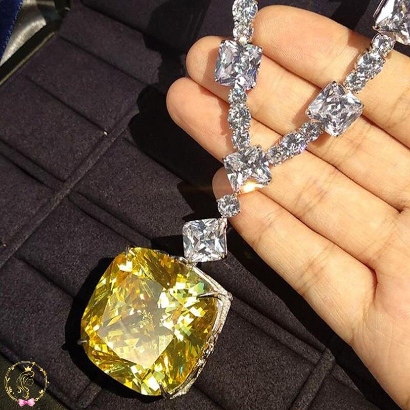 OEVAS 100% 925 Sterling Silver 30*30mm AAAAA+ Big Yellow Zircon Sparkling Pendant Necklace Wedding Engagement party Fine Jewelry