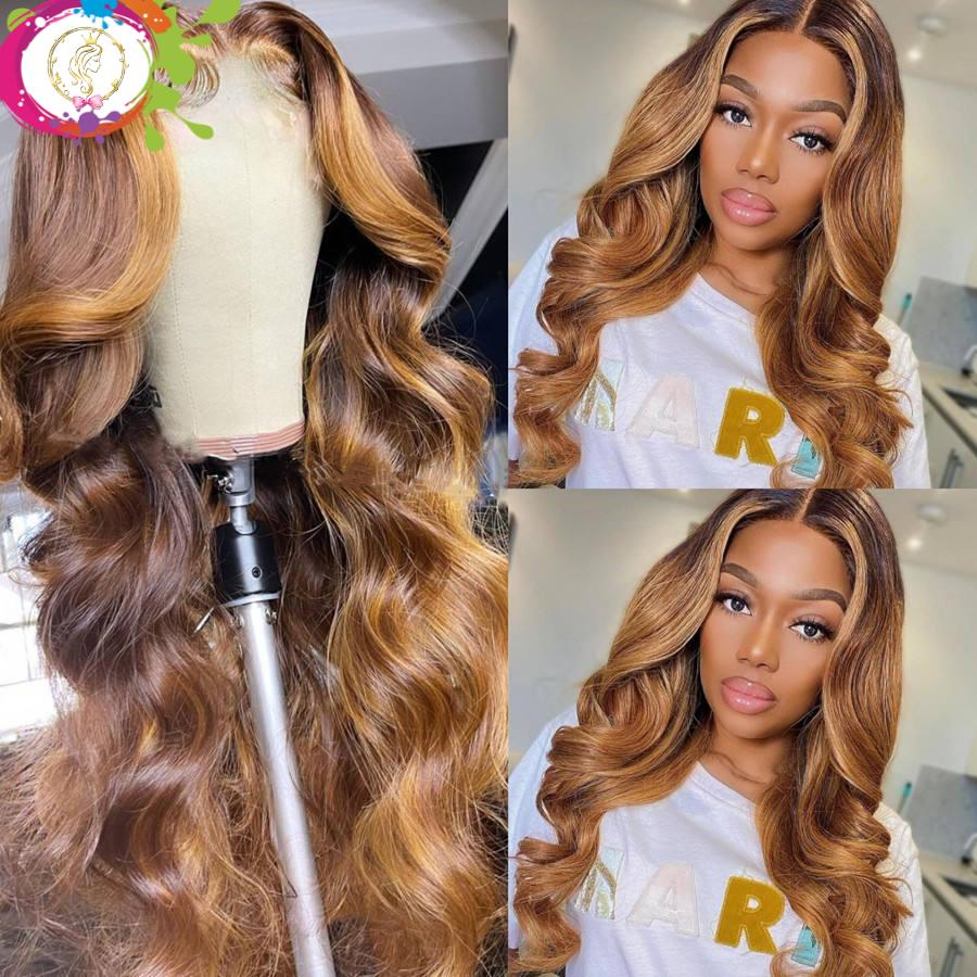 RULINDA Highlight Ombre Color Body Wave Lace Front Human Hair Wigs Brazilian Remy Hair Lace Wigs Middle Part Pre-Plucked
