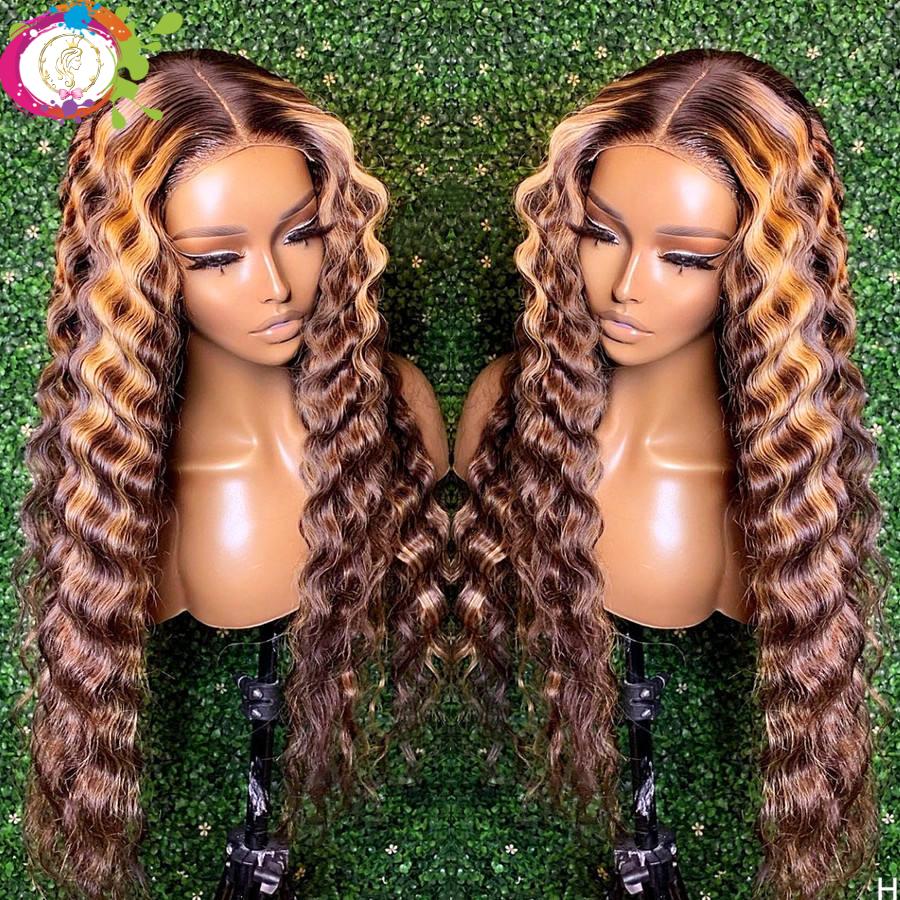 RULINDA Highlight Ombre Color 13X4 Curly Lace Front Human Hair Wigs Pre Plucked 180% Density Brazilian Remy Hair Lace Wigs