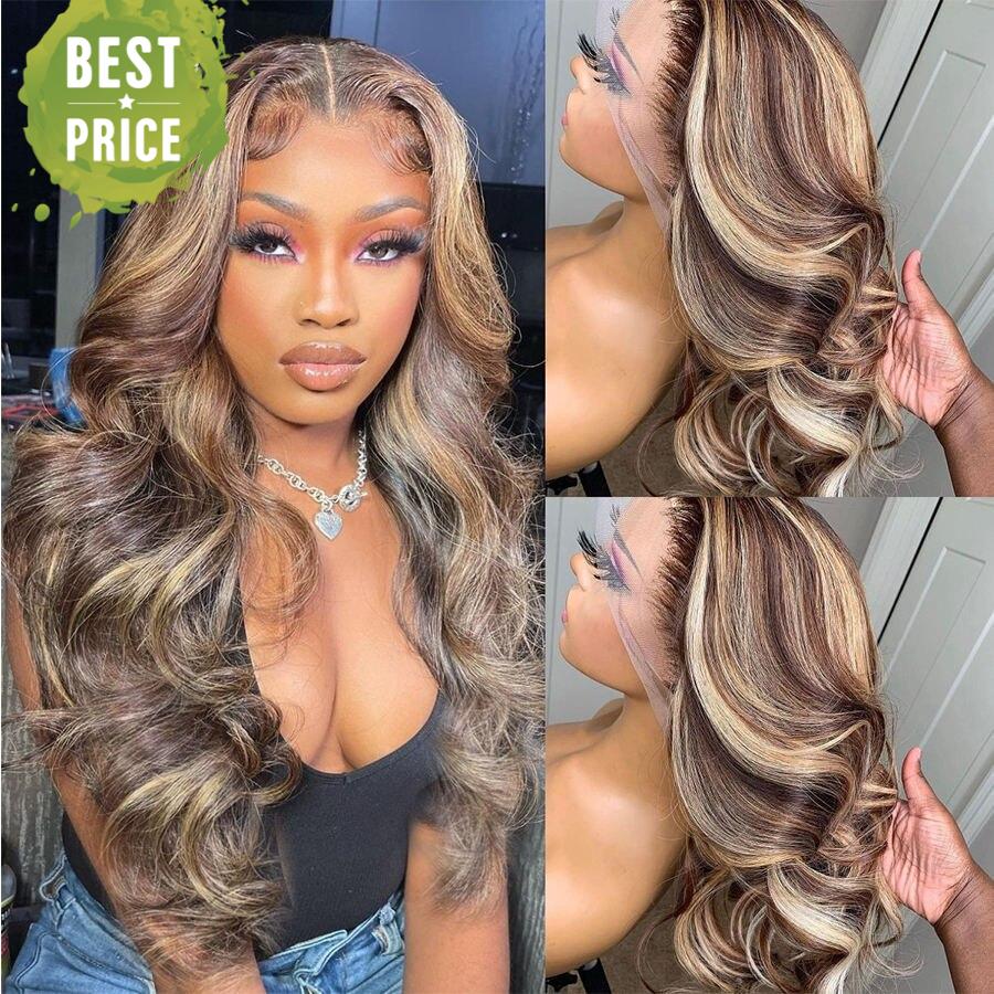 RULINDA 13X4 Lace Front Human Hair Wigs With Baby Hair Highlight Ombre Color Body Wave 180% Density Brazilian Remy Hair Lace Wig