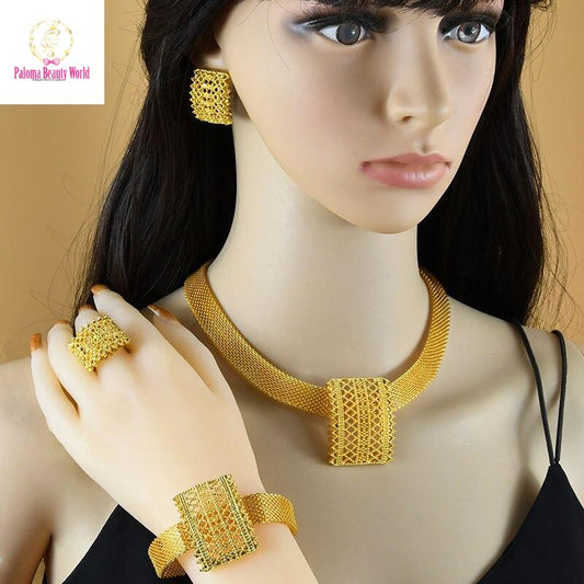 Indian Jewellery Luxury Necklace African Jewelry Set 24K Dubai Gold Color Arab Wedding Bridal Collection Sets Earring For Women