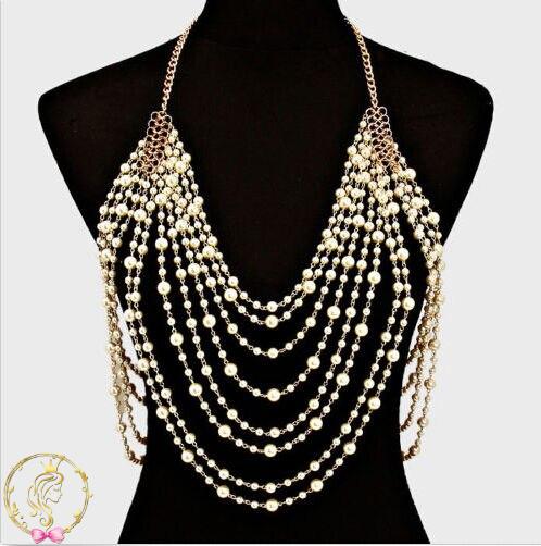 Luxury sexy chain pearl harness necklace women elegant shoulder chain tassel bohemian wedding bridal waist jewelry