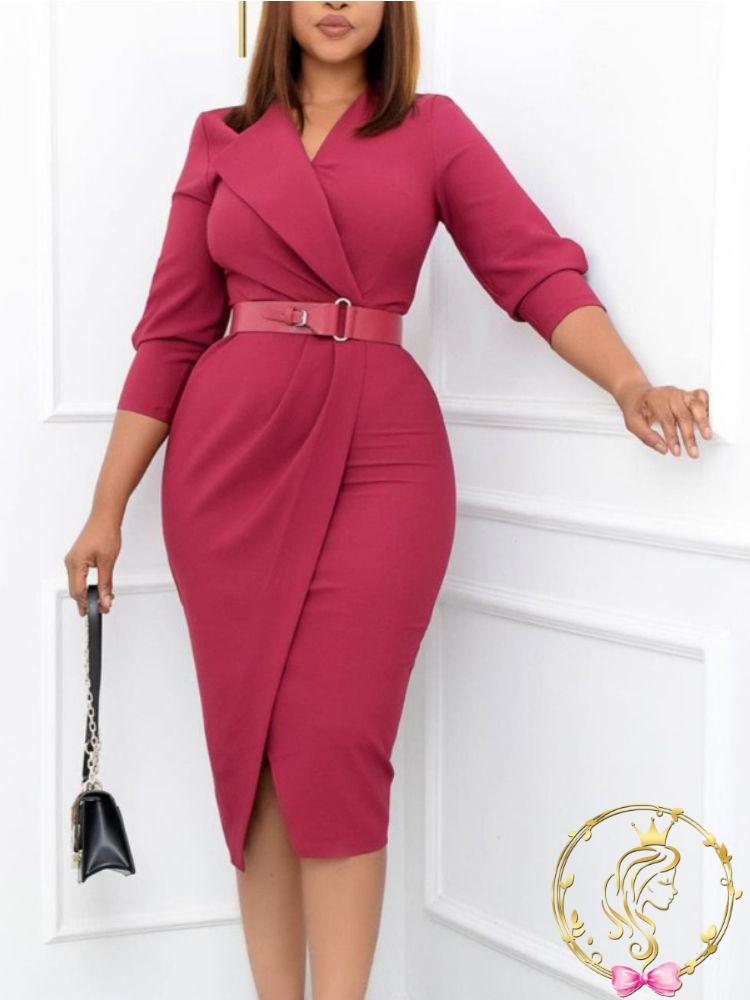 Women Bodycon Dresses Elegant Office Ladies Slim V Neck with Waist Belt Slim Classy Modest Work Wear African Large Size Elastic