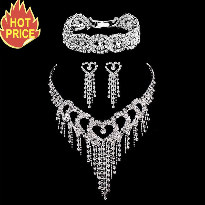 TREAZY Luxury Rhinestone Crystal Bridal Jewelry Sets for Women Heart Tassel Necklace Earrings Bracelet Set Wedding Jewelry Gifts
