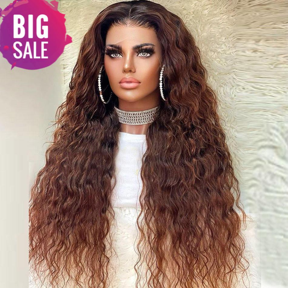 Pre Plucked Brown Water Wave Silk Base Lace Closure Human Hair Wigs