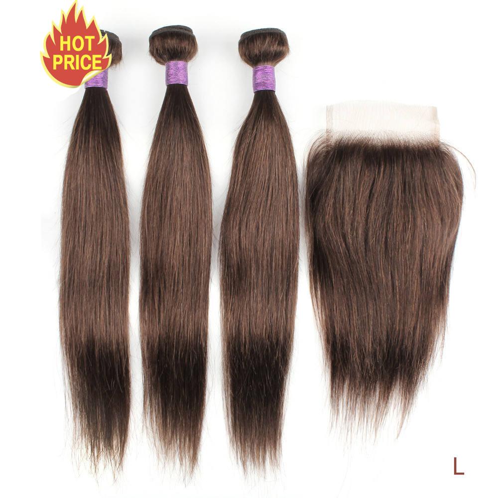 3 Bundles with Closure Transparent Lace Middle Part 200g/set Straight Remy Human Hair Weave Black Brown Ombre Honey Blonde Bobbi