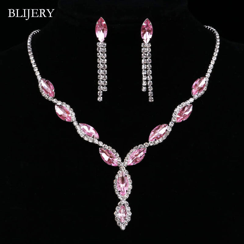 Pink Crystal Prom Wedding Jewelry Sets for Women