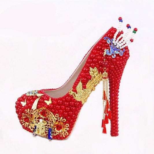BaoYaFang New 14cm High shoes Red pearl crystal Womens wedding shoes Bride High heels platform shoes for woman peacock High heels Shoes Color : 14cm shoe