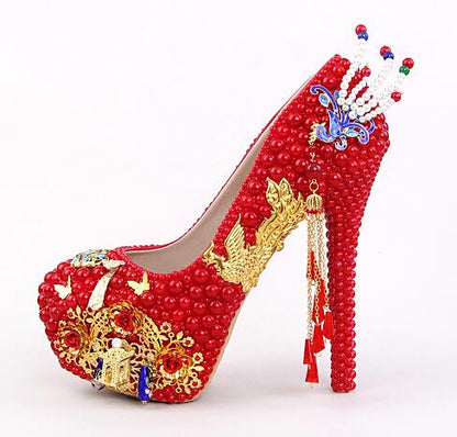 14cm Peacock Design Red Pearl Crystal Shoes - paloma-beauty-world