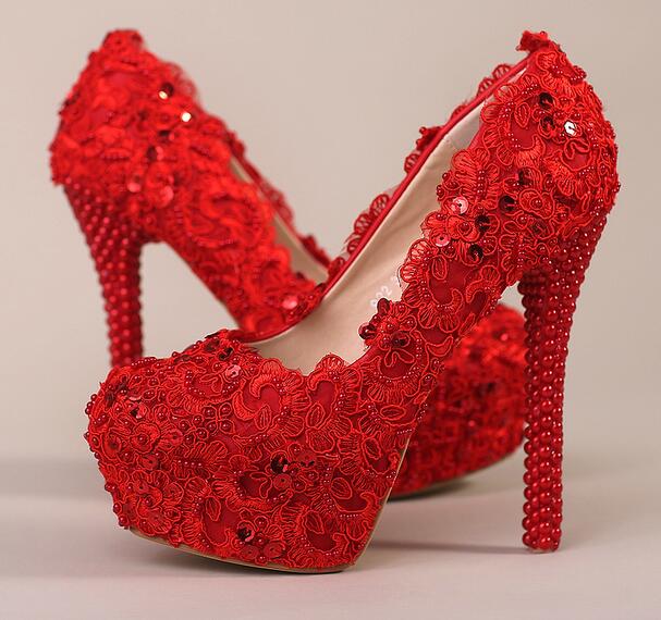 Red Lace Pearl High Heels Shoes Red Lace Pearl High Heels Shoes