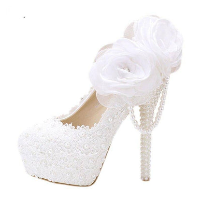 BaoYaFang white flower Women wedding shoes Bride Party dress shoes woman High heel platform shoes ladies handmade Lace shoe High heels Shoes Color : 6cm shoe|8cm shoe|11cm shoe|14cm shoe|11CCM B|14CM B