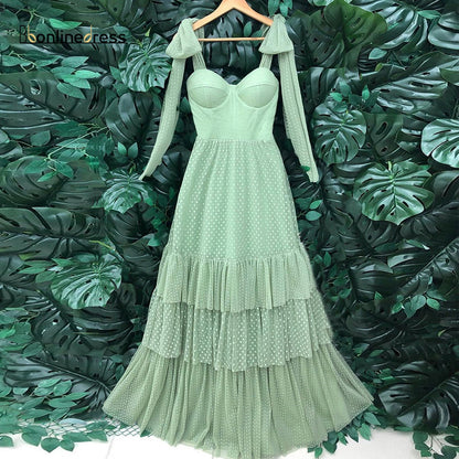 Dot Net Tulle Spaghetti Strap Long Prom Dress Evening Formal Party Gown For Women
