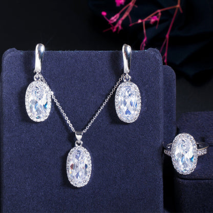 Sparkling Long Oval Pink Cubic Zircon Engagement Ring Necklace and Earrings Set
