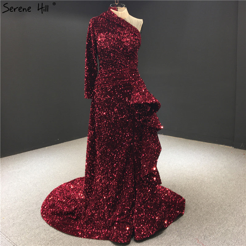 Dubai Luxury One Shoulder Red Evening Dresses Sequined Sparkle Mermaid Sexy Formal Dress