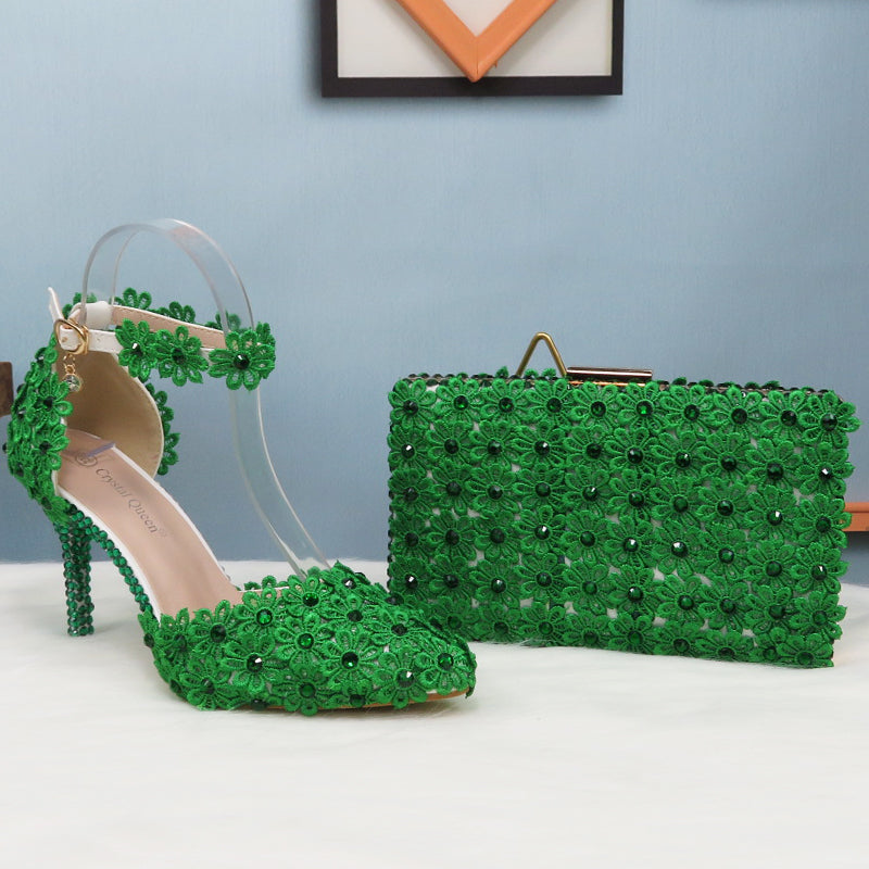 Green Lace Flower Wedding Shoe And Bag Set - paloma-beauty-world