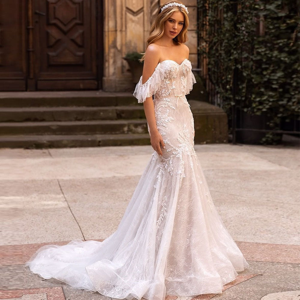 Luxury Cap Sleeves Lace Wedding Dress Mermaid 2022 Sweetheart Tulle Br