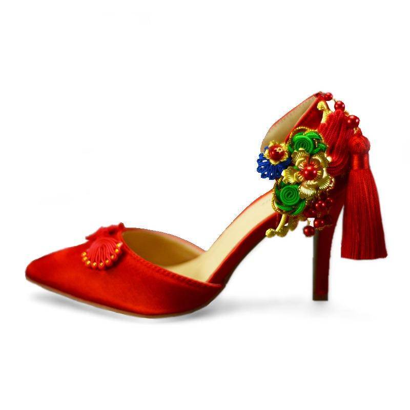 New Red color Summer Sandals Women Wedding shoes 8cm thin heel party shoes pointed toe woman dress shoes China style tassel High heels Shoes Color : 8cm heel