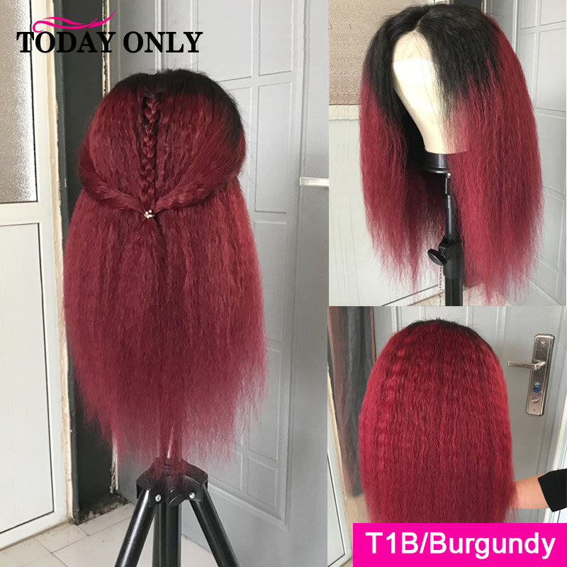 Ombre Kinky Straight Human Hair Wig Brazilian Yaki Straight Honey Blonde HD Lace Frontal Wig Human Hair Wigs For Women Burgund