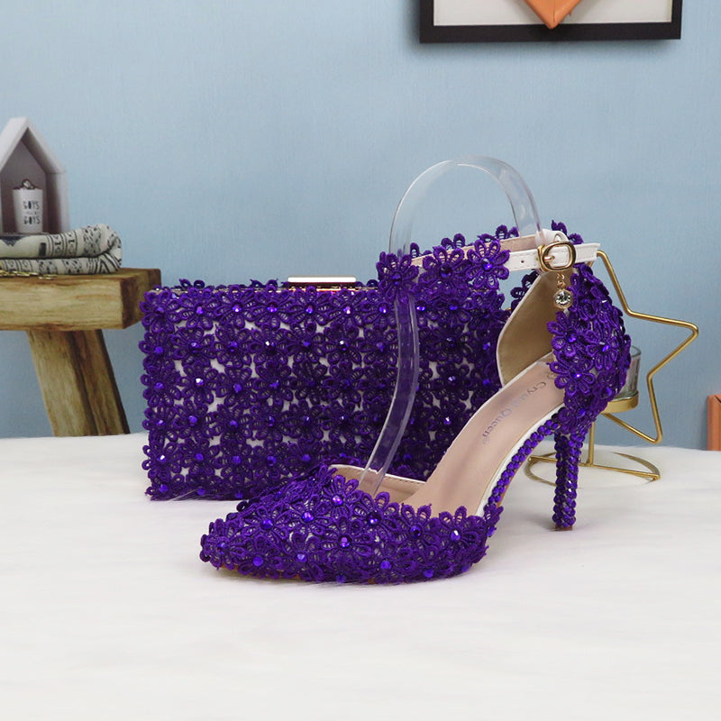 Purple Lace Flower Wedding Shoe And Bag Set - paloma-beauty-world