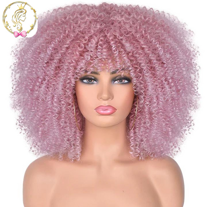 Short Hair Afro Kinky Curly Wigs With Bangs  Synthetic Omber Glueless Cosplay Wigs
