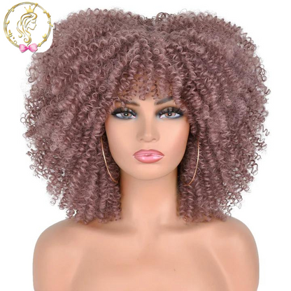 Short Hair Afro Kinky Curly Wigs With Bangs  Synthetic Omber Glueless Cosplay Wigs