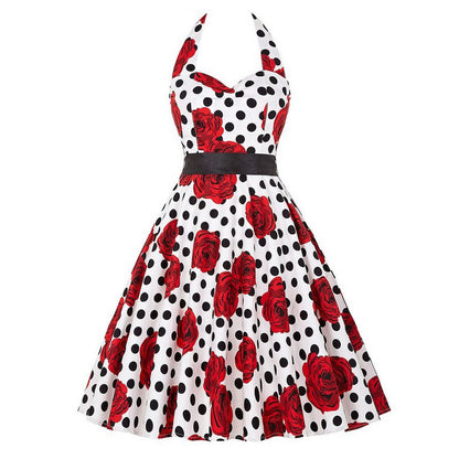 Women Retro Polka Dot Print Summer Halter Vintage Dress