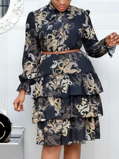 Women Long Sleeves Printed Dresses with Bowtie