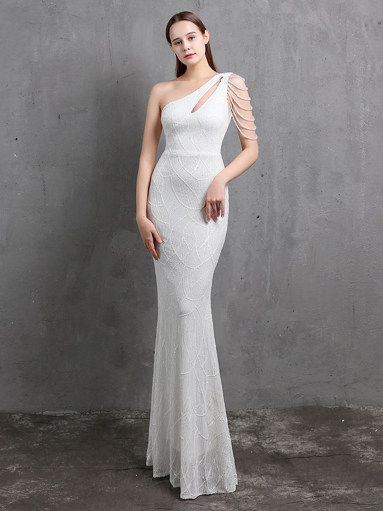YIDINGZS Elegant One Shoulder White Sequin Evening Dress 2021 Women Beads Party Wedding Maxi Dress - paloma-beauty-world