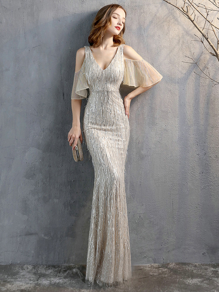 Elegant V Neck Long Sequin Evening Dress - paloma-beauty-world