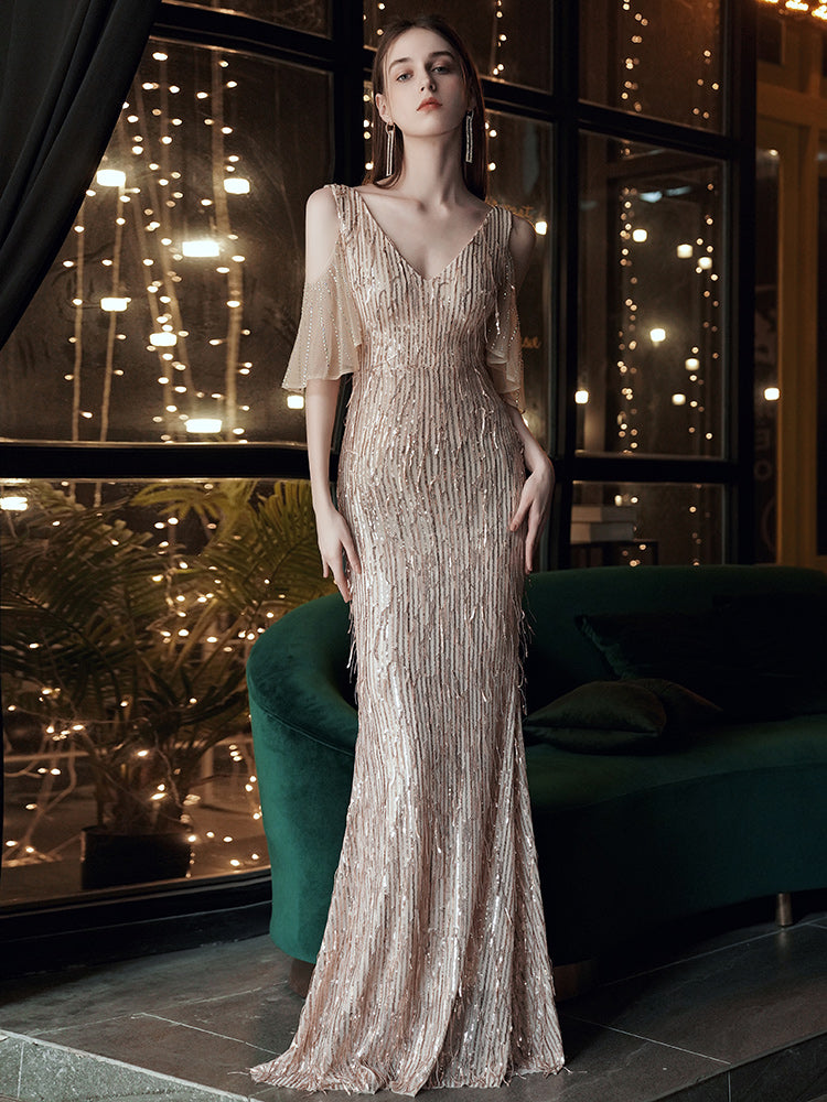 Elegant V Neck Long Sequin Evening Dress - paloma-beauty-world