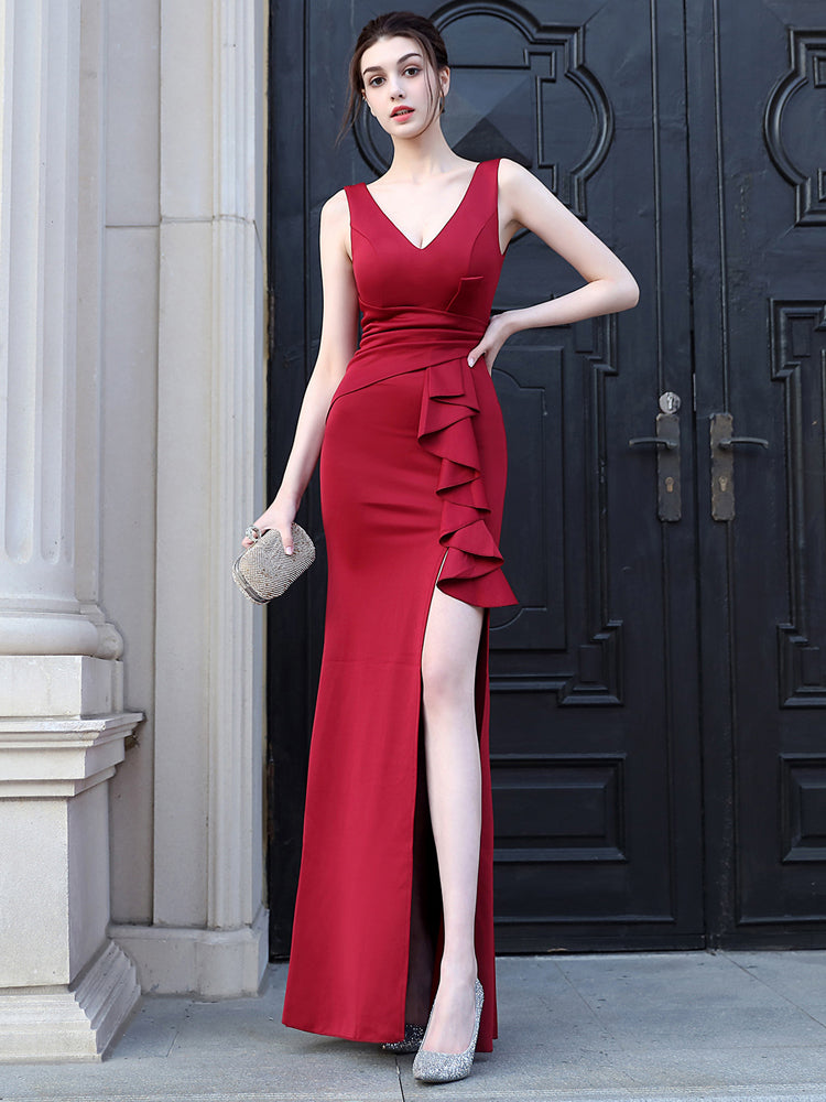 Red Soft Satin V Neck Slit Bridesmaid Dress - paloma-beauty-world