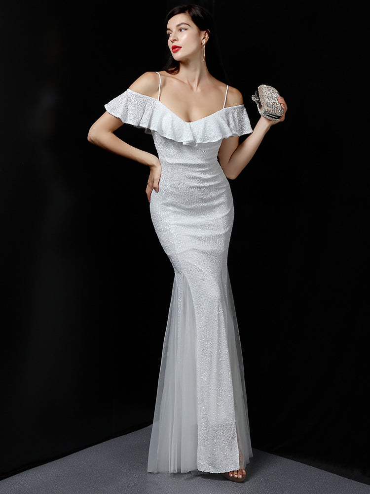 White Strap Dress Sequin Evening Dress - paloma-beauty-world