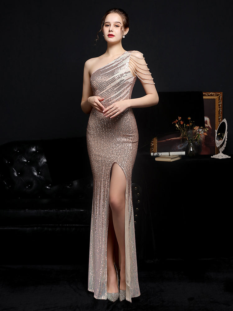 Elegant One Shoulder Slit Sequin Prom Dress - paloma-beauty-world