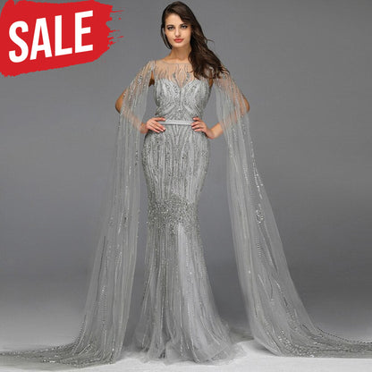 Luxury Long Sleeves Evening Gown Grey / 2