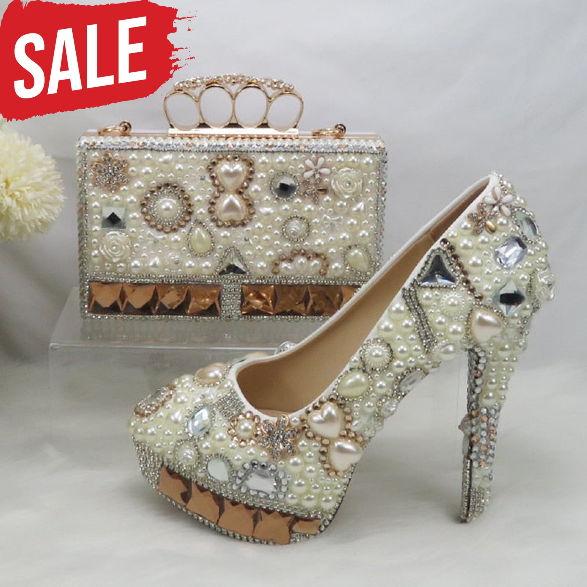 Woman Ivory Pearl Real Leather Shoes 14Cm Shoe And Bag / 4