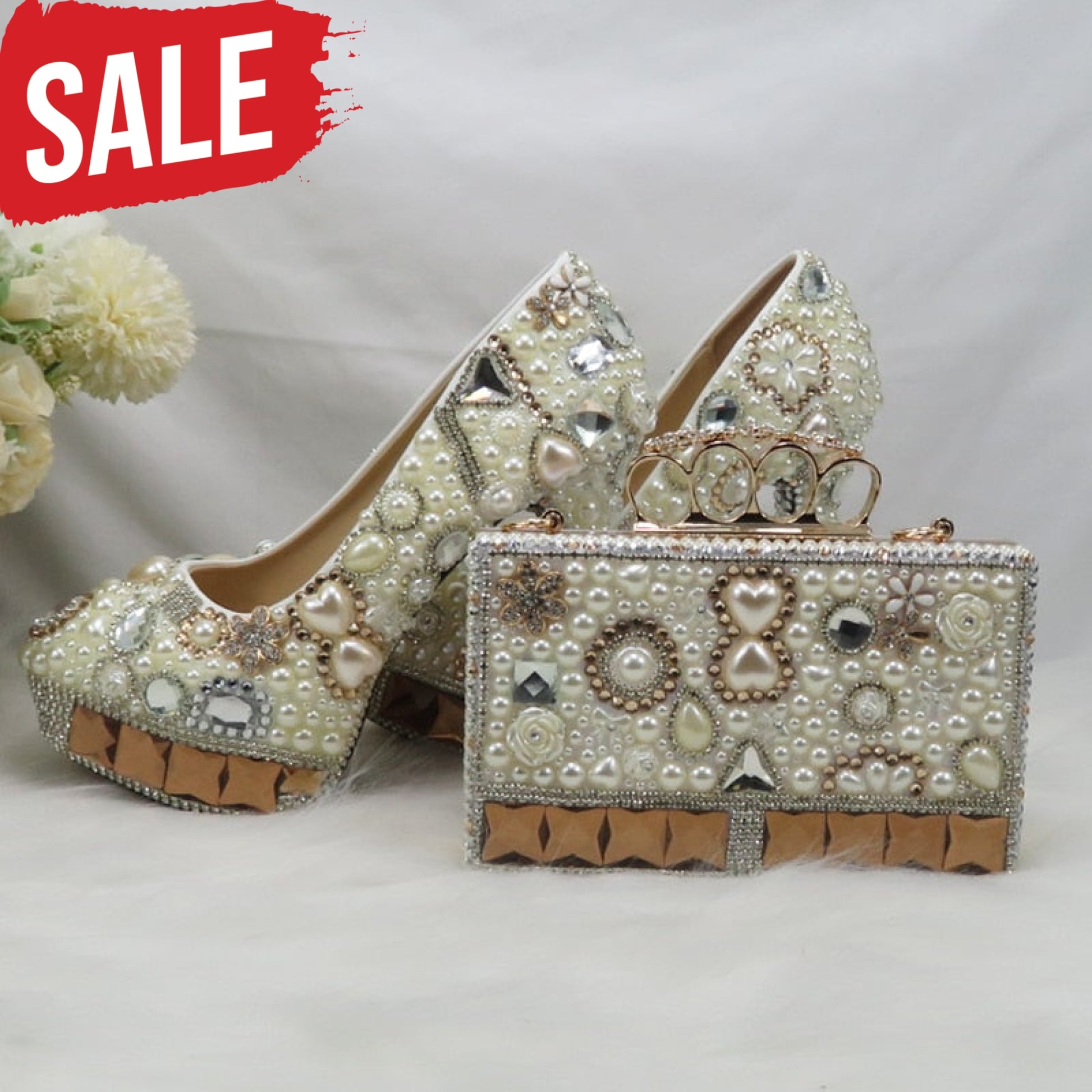 Woman Ivory Pearl Real Leather Shoes 8Cm Shoe And Bag / 4
